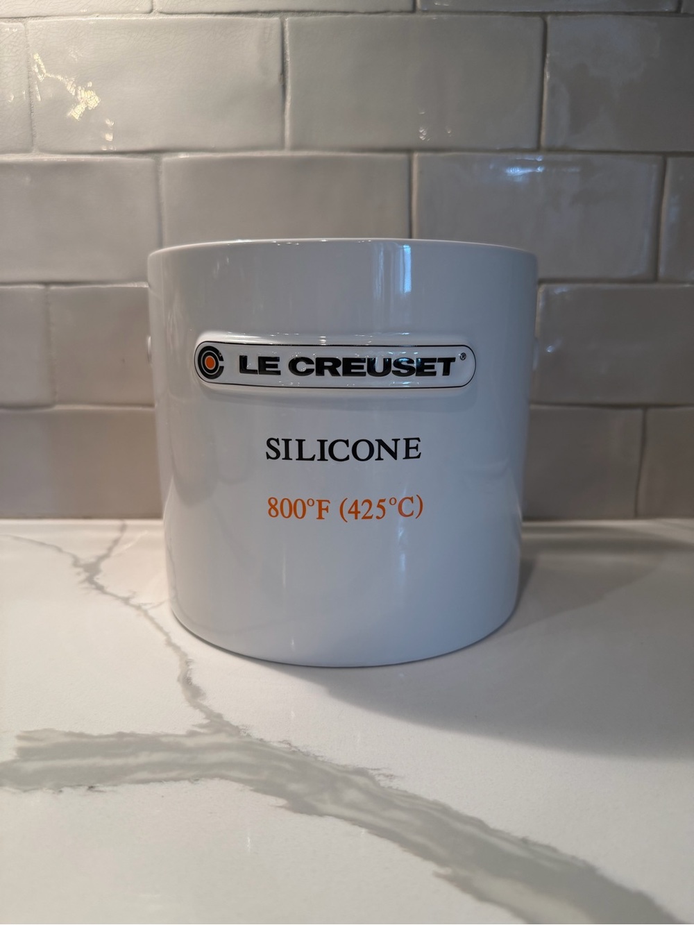 Le Creuset White Silicone Utensil Crock with Orange Accent